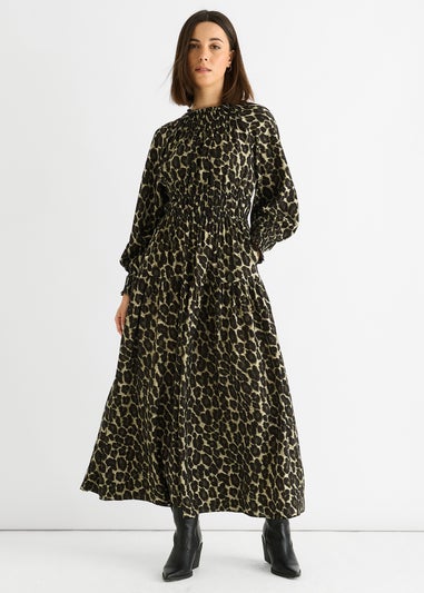 Gini London Khaki Animal Print Shirred High Neck Maxi Dress