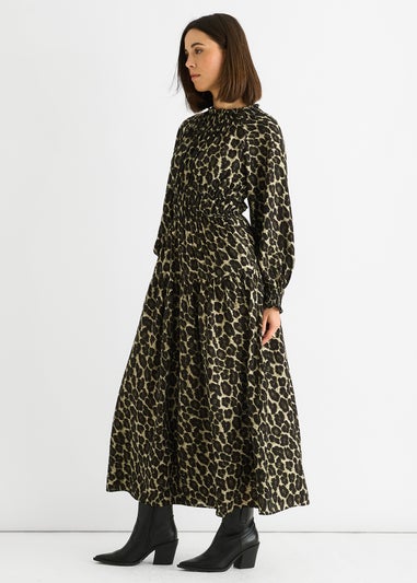 Gini London Khaki Animal Print Shirred High Neck Maxi Dress