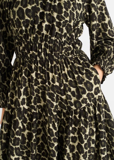 Gini London Khaki Animal Print Shirred High Neck Maxi Dress