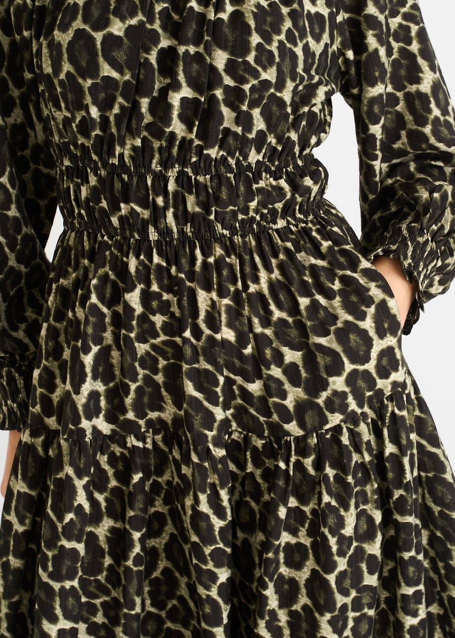 Gini London Khaki Animal Print Shirred High Neck Maxi Dress