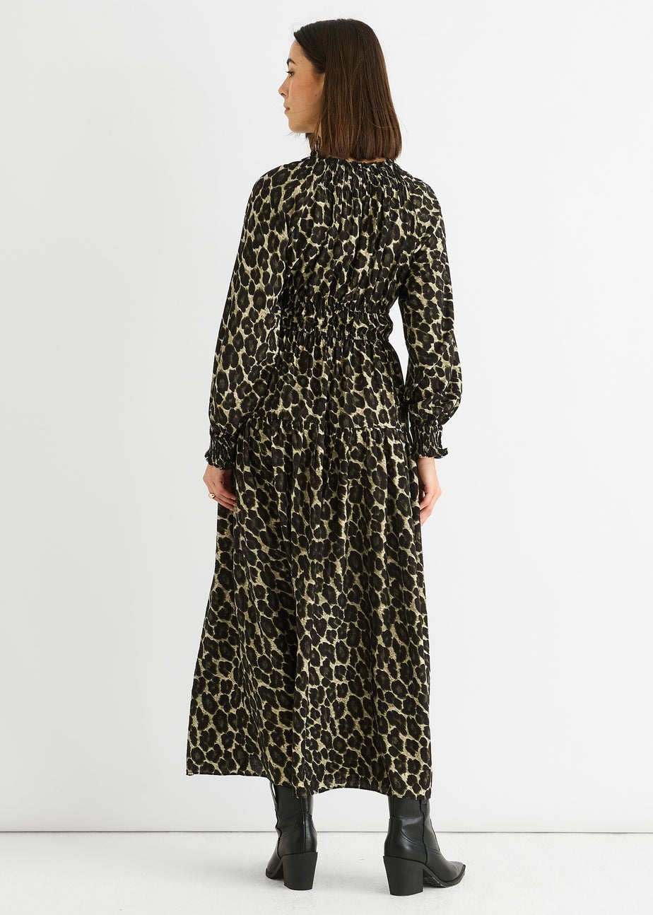 Gini London Khaki Animal Print Shirred High Neck Maxi Dress