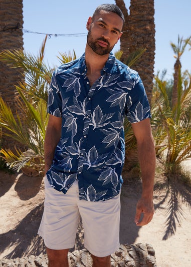 Threadbare Navy Foliage Leaf Print Short Sleeve Shirt