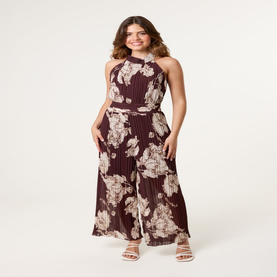 Blue Vanilla Brown Pleated Halterneck Jumpsuit