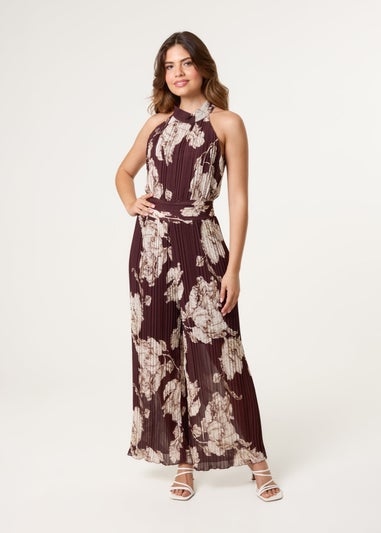 Blue Vanilla Brown Pleated Halterneck Jumpsuit