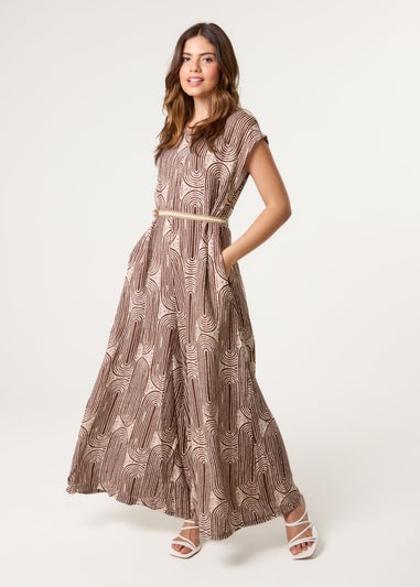 Blue Vanilla Brown Belted Oversized Printed Jumpsuit