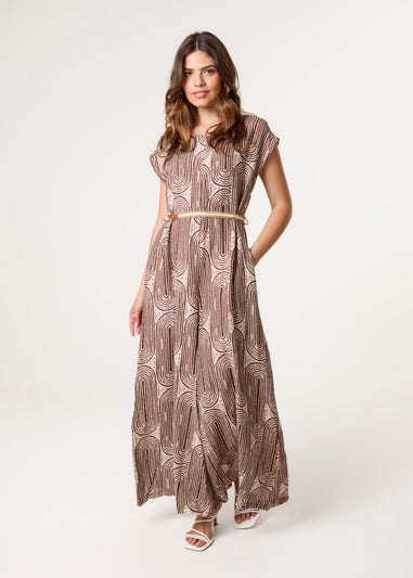 Blue Vanilla Brown Belted Oversized Printed Jumpsuit