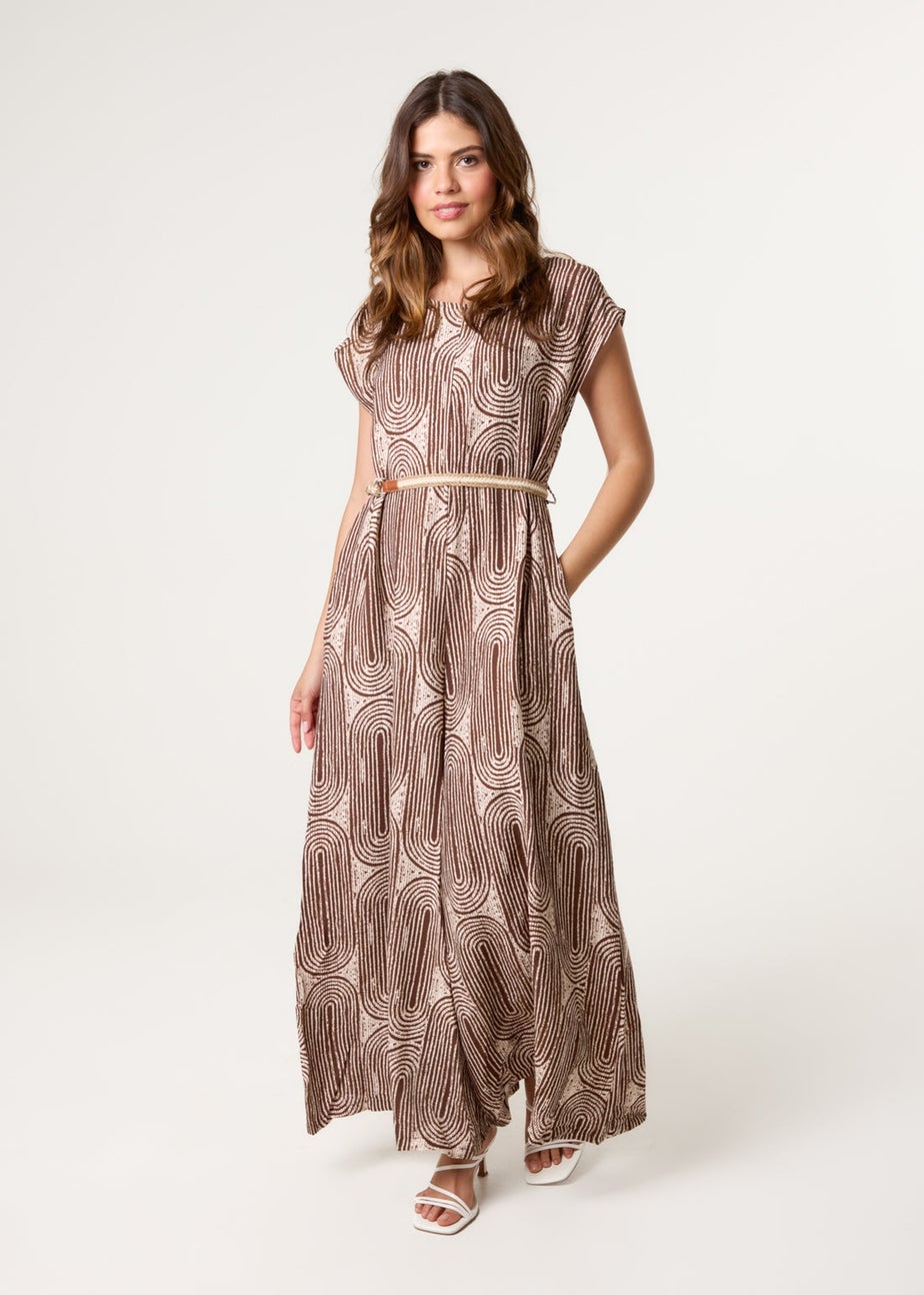 Blue Vanilla Brown Belted Oversized Printed Jumpsuit