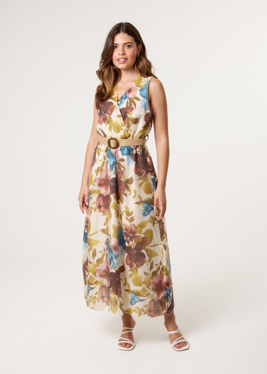 Blue Vanilla Multi Floral Wrap Belted Fine Silk Dress