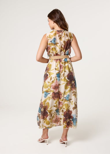Blue Vanilla Multi Floral Wrap Belted Fine Silk Dress