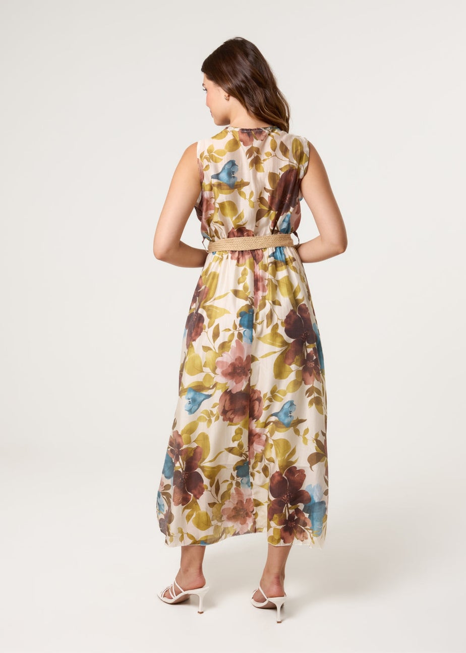 Blue Vanilla Multi Floral Wrap Belted Fine Silk Dress