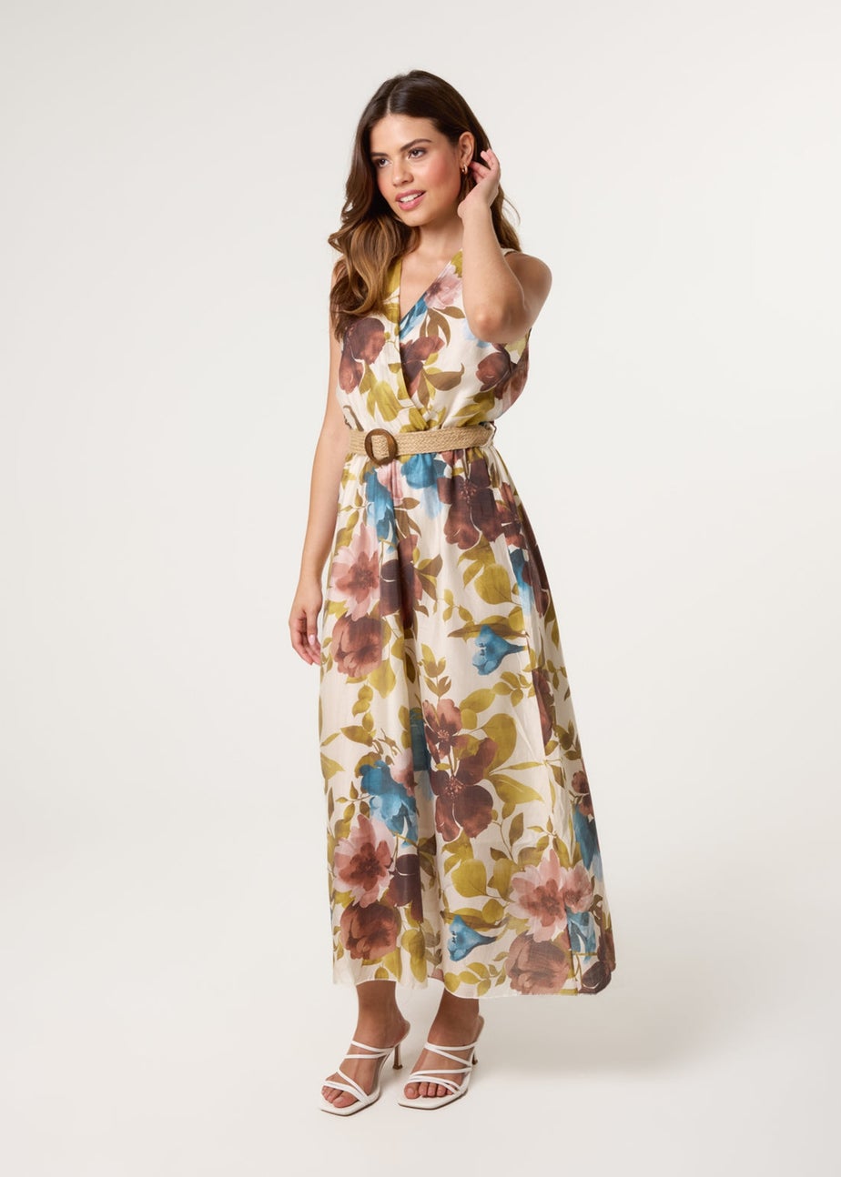 Blue Vanilla Multi Floral Wrap Belted Fine Silk Dress