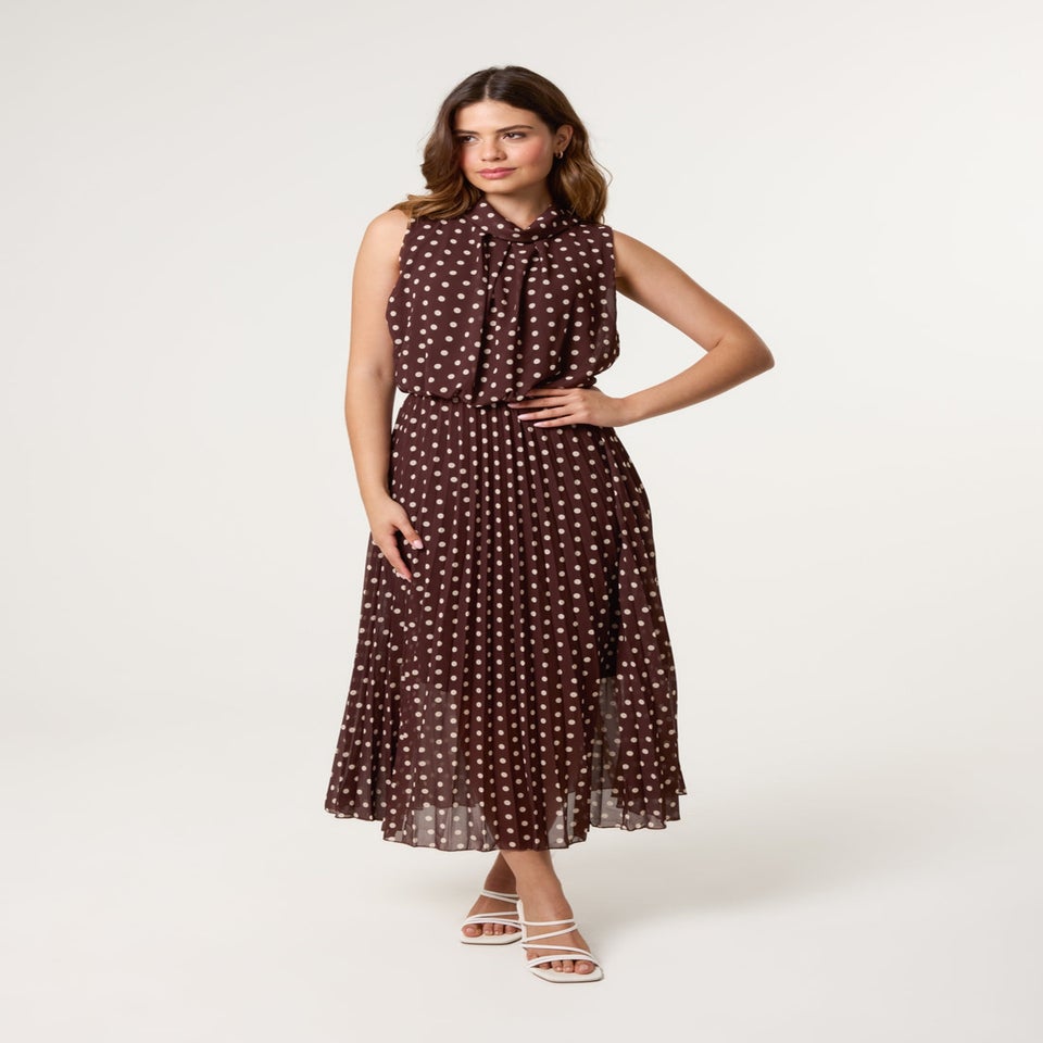 Blue Vanilla Brown Polka Dot Sleeveless Cowl Pleat Dress