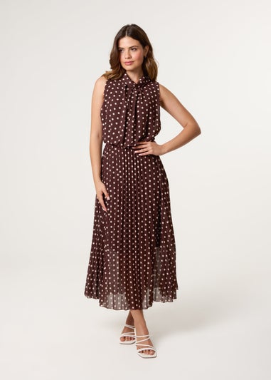 Blue Vanilla Brown Polka Dot Sleeveless Cowl Pleat Dress