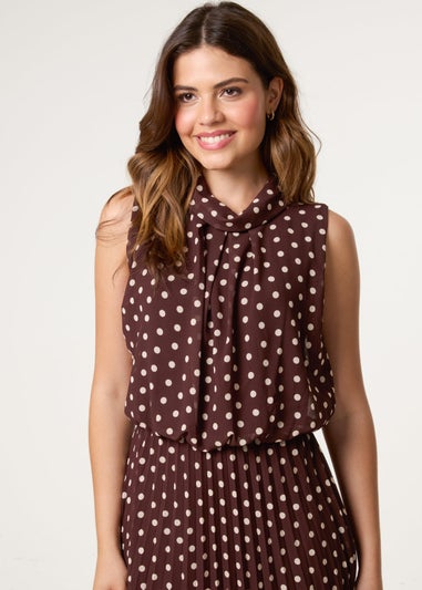 Blue Vanilla Brown Polka Dot Sleeveless Cowl Pleat Dress
