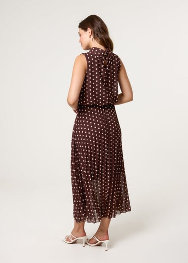 Blue Vanilla Brown Polka Dot Sleeveless Cowl Pleat Dress
