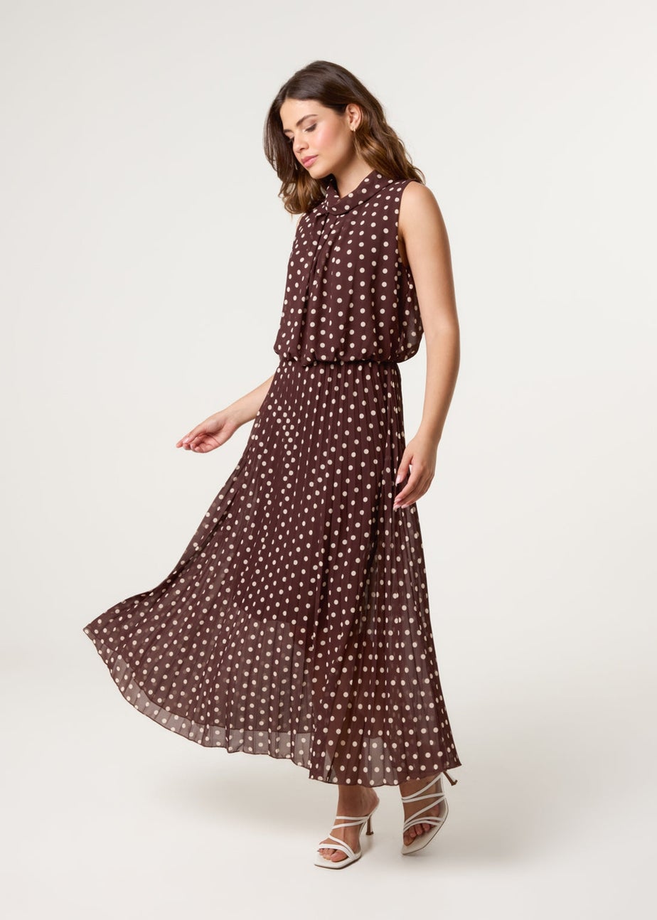 Blue Vanilla Brown Polka Dot Sleeveless Cowl Pleat Dress
