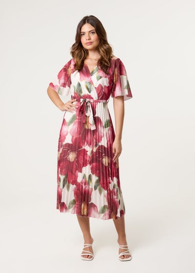 Blue Vanilla Burgundy Large Floral Wrap Midi Dress