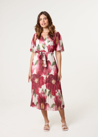 Blue Vanilla Burgundy Large Floral Wrap Midi Dress