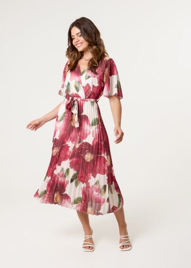 Blue Vanilla Burgundy Large Floral Wrap Midi Dress