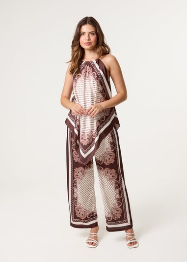 Blue Vanilla Brown Hanky Hem Top With Wide Leg Trousers Set