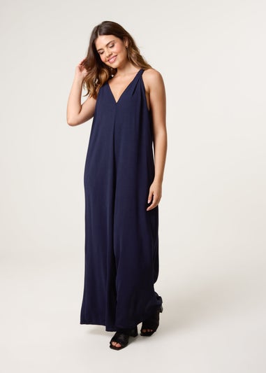 Blue Vanilla Navy Wide Leg Side Pocket Double V Jumpsuit