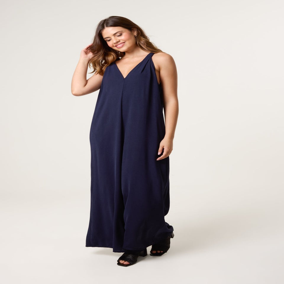 Blue Vanilla Navy Wide Leg Side Pocket Double V Jumpsuit