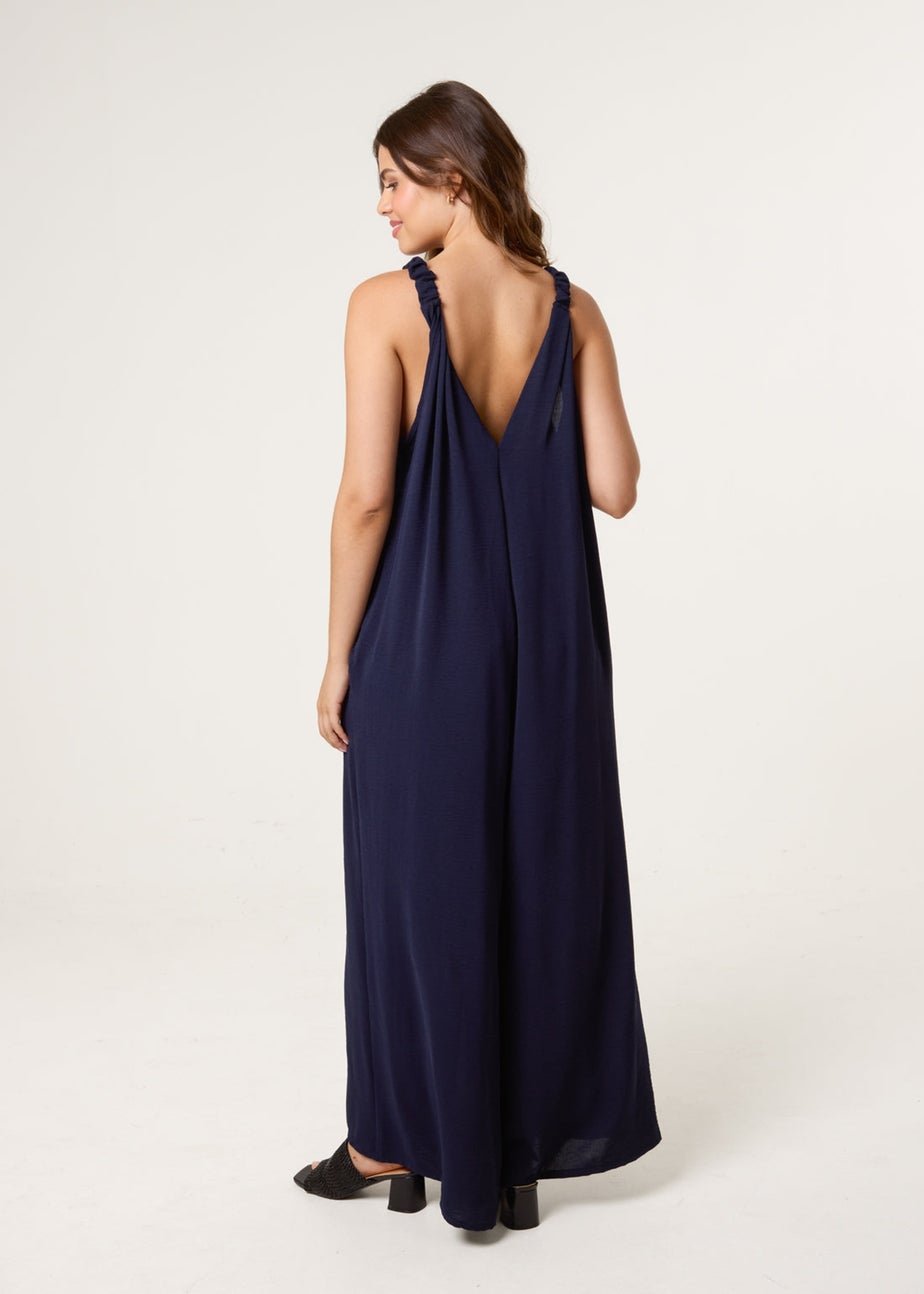 Blue Vanilla Navy Wide Leg Side Pocket Double V Jumpsuit
