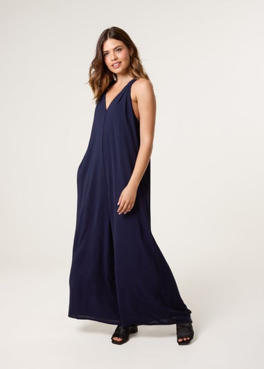 Blue Vanilla Navy Wide Leg Side Pocket Double V Jumpsuit