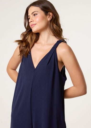 Blue Vanilla Navy Wide Leg Side Pocket Double V Jumpsuit