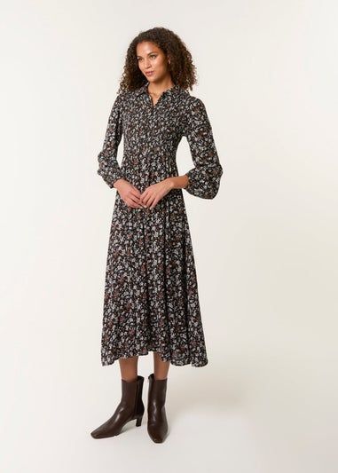 Blue Vanilla Black Ditsy Floral Long Sleeve Shirred Maxi Dress