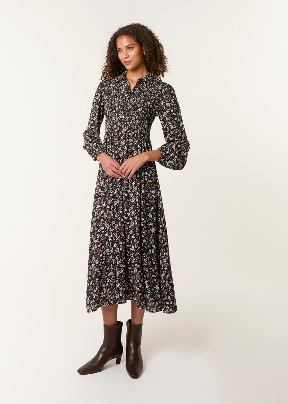 Blue Vanilla Black Ditsy Floral Long Sleeve Shirred Maxi Dress