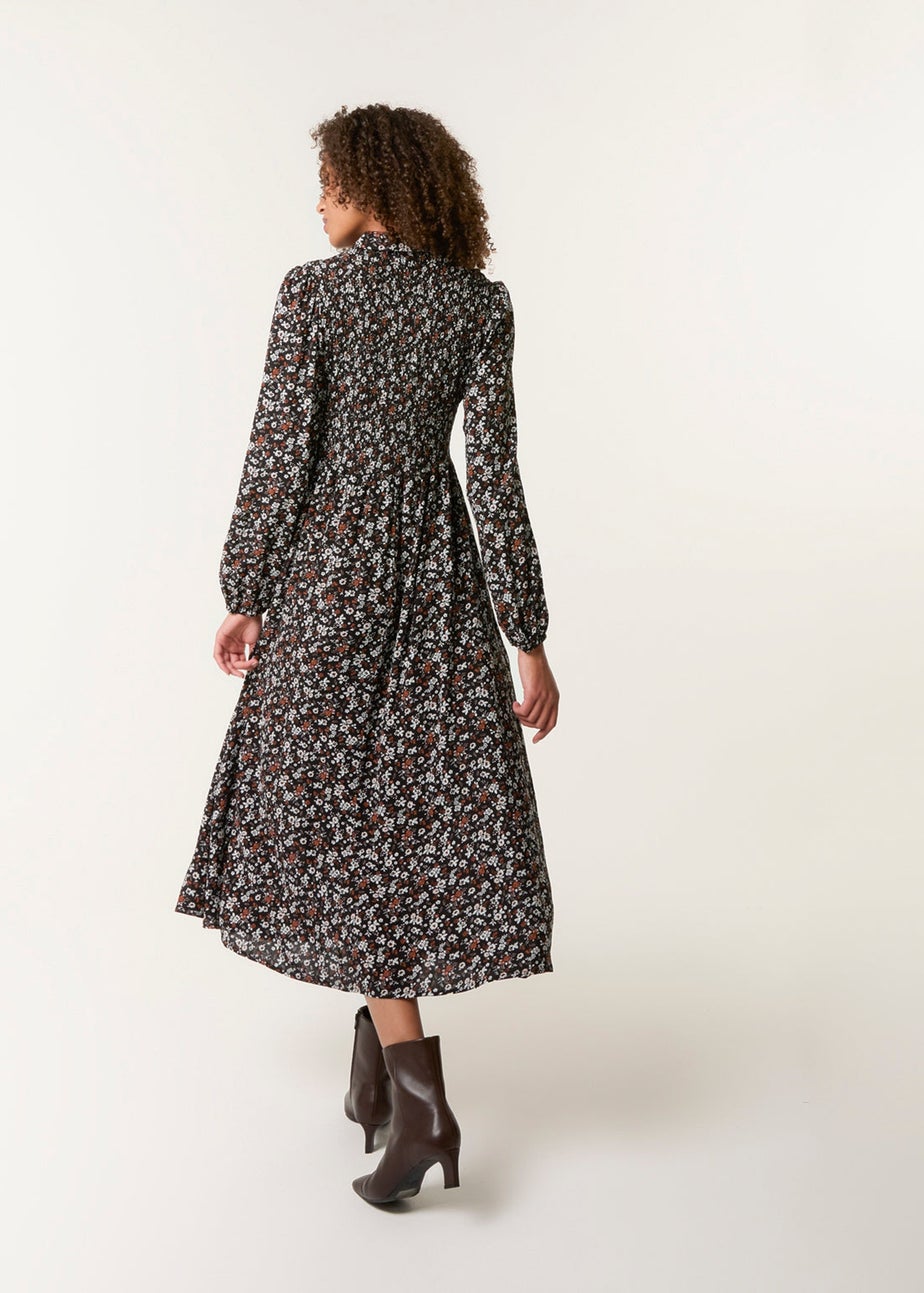 Blue Vanilla Black Ditsy Floral Long Sleeve Shirred Maxi Dress