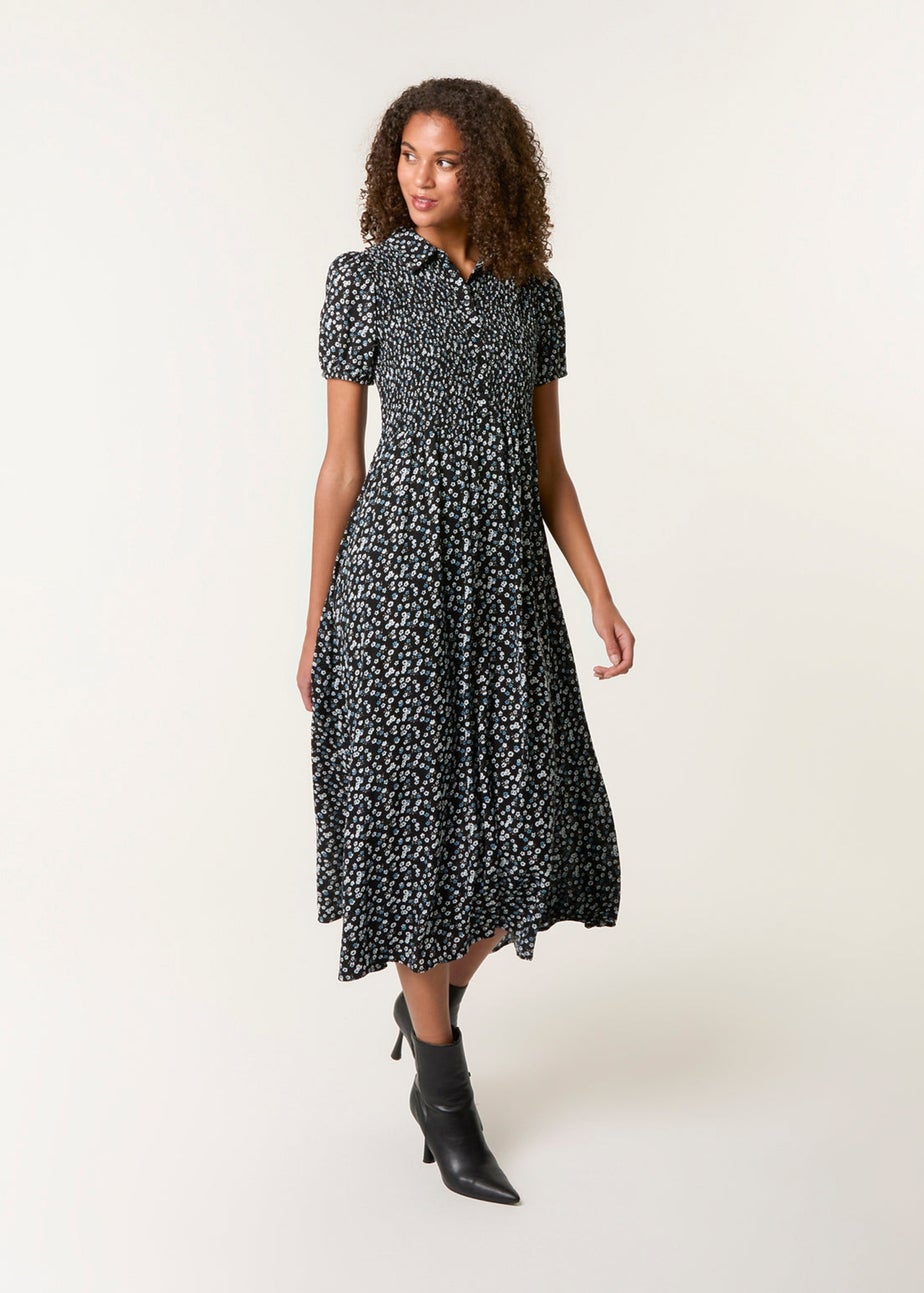 Blue Vanilla Black Ditsy Floral Puff Sleeve Shirred Dress