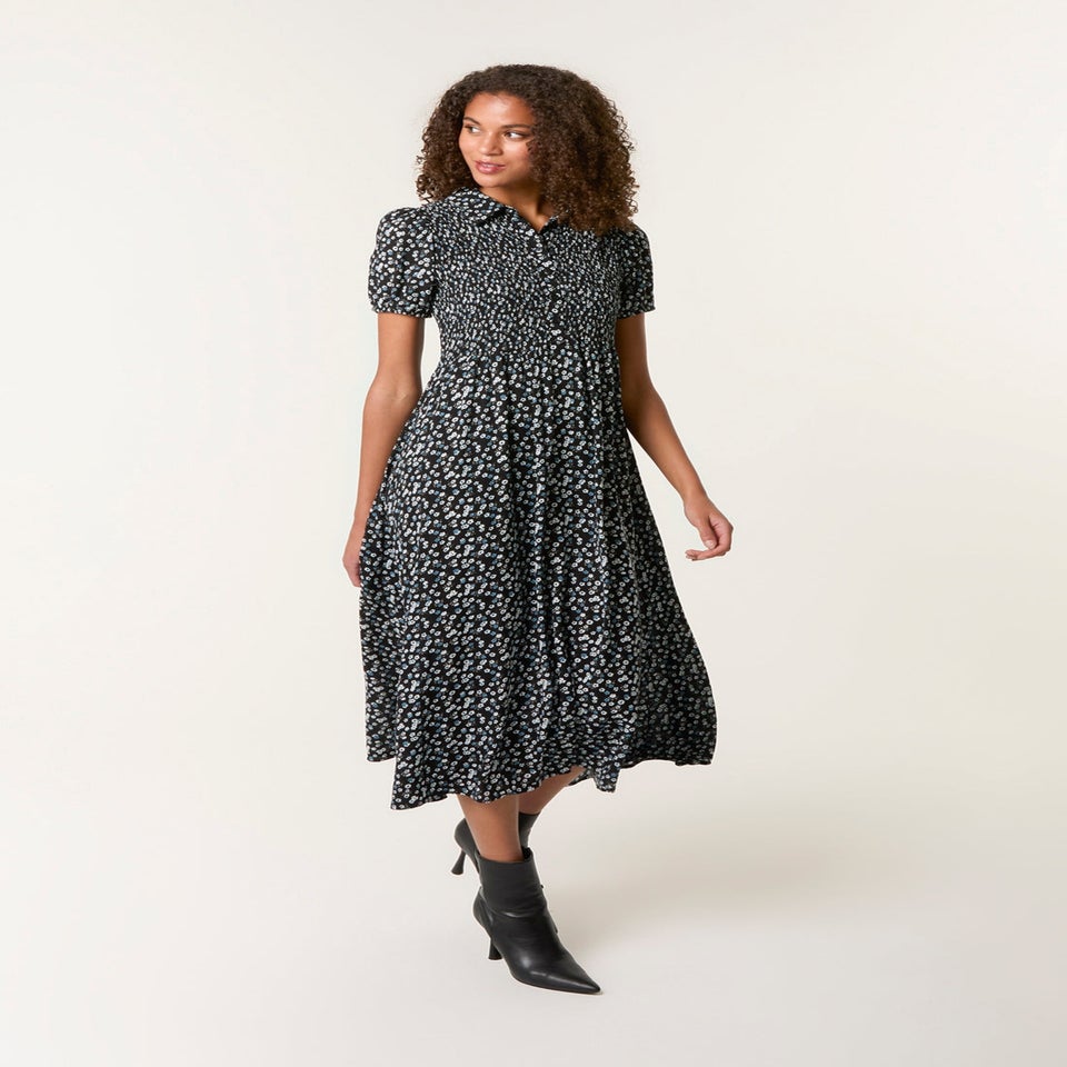 Blue Vanilla Black Ditsy Floral Puff Sleeve Shirred Dress