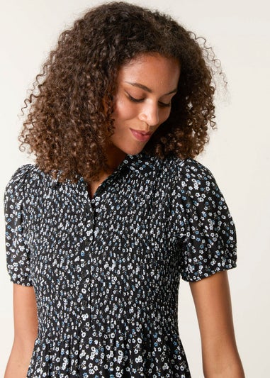 Blue Vanilla Black Ditsy Floral Puff Sleeve Shirred Dress