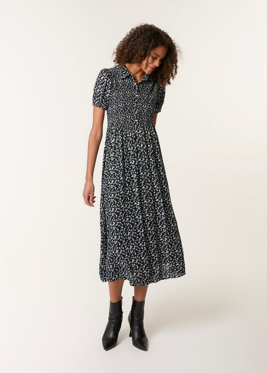 Blue Vanilla Black Ditsy Floral Puff Sleeve Shirred Dress