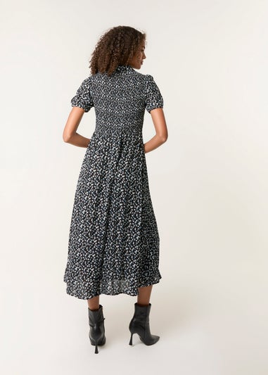 Blue Vanilla Black Ditsy Floral Puff Sleeve Shirred Dress
