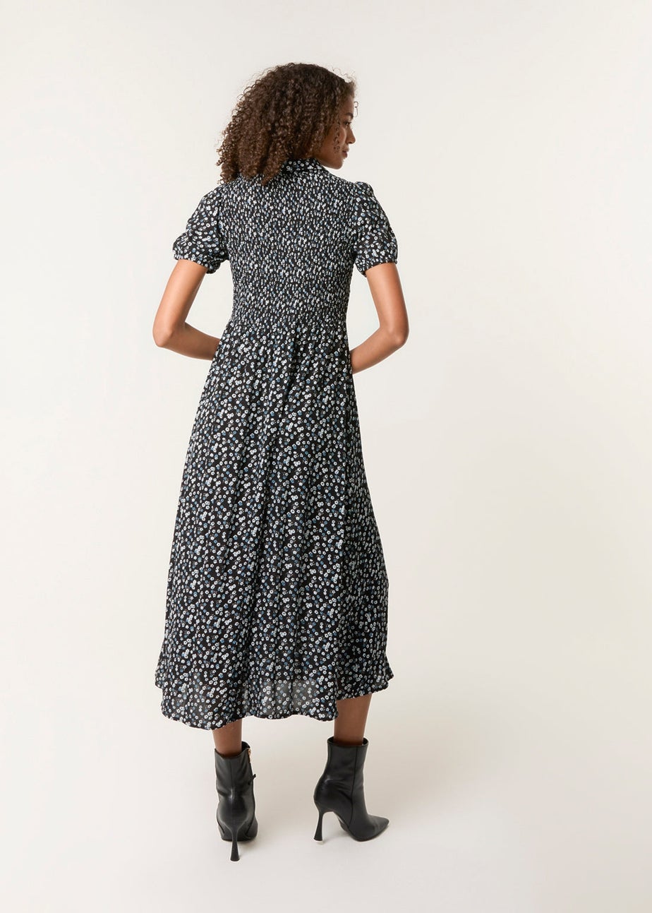 Blue Vanilla Black Ditsy Floral Puff Sleeve Shirred Dress