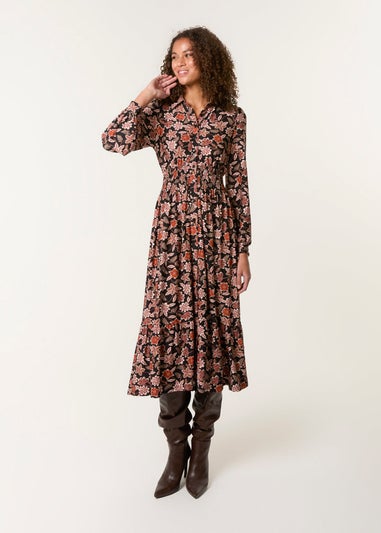 Blue Vanilla Black Floral Printed Shirred Waist Midi Shirt Dress