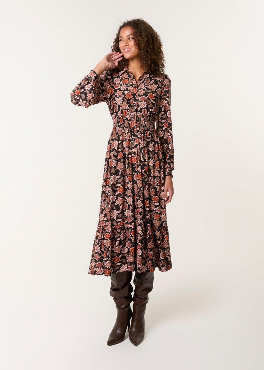 Blue Vanilla Black Floral Printed Shirred Waist Midi Shirt Dress