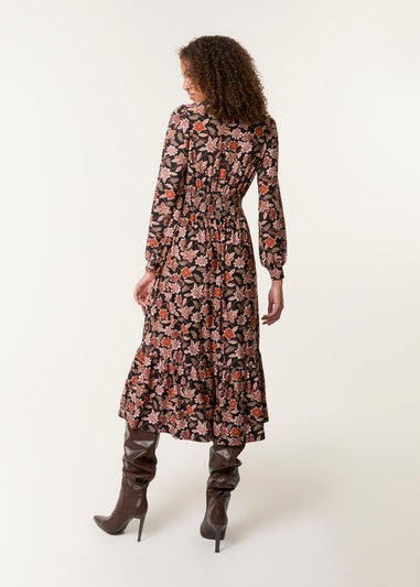 Blue Vanilla Black Floral Printed Shirred Waist Midi Shirt Dress