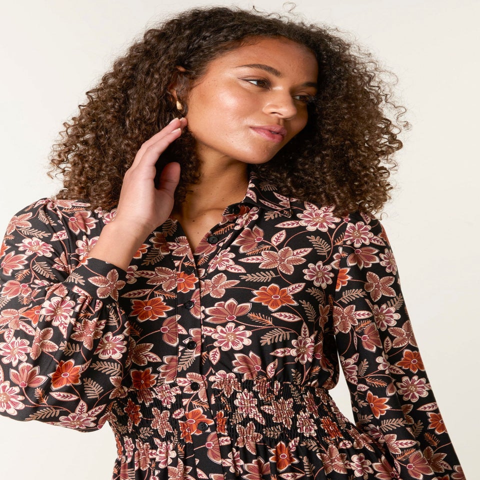 Blue Vanilla Black Floral Printed Shirred Waist Midi Shirt Dress