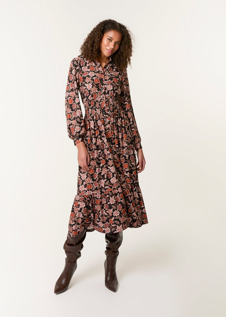 Blue Vanilla Black Floral Printed Shirred Waist Midi Shirt Dress