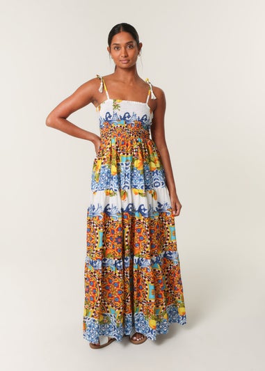 Blue Vanilla Multi Lemon Abstract Print Shirred Maxi Dress