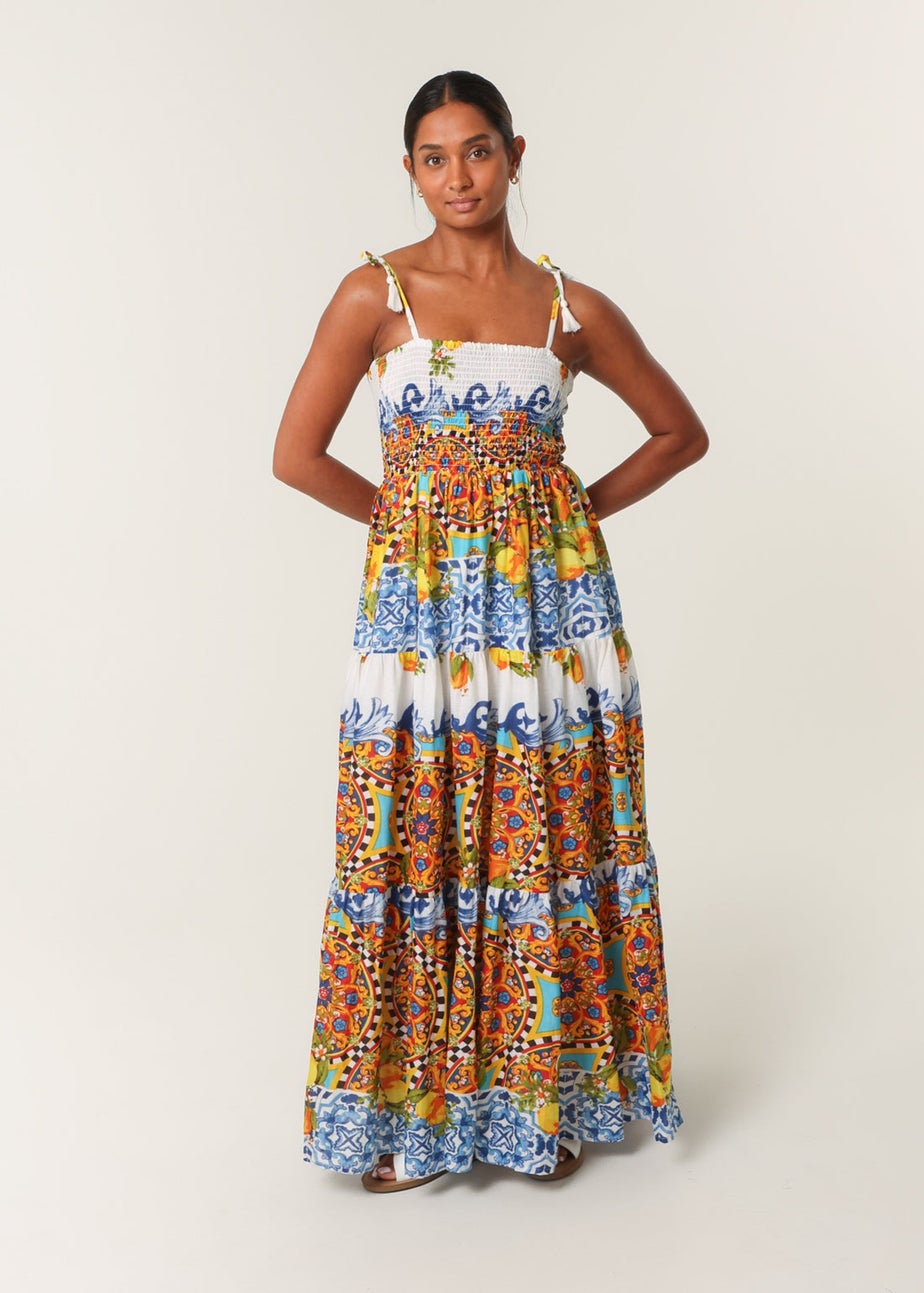 Blue Vanilla Multi Lemon Abstract Print Shirred Maxi Dress