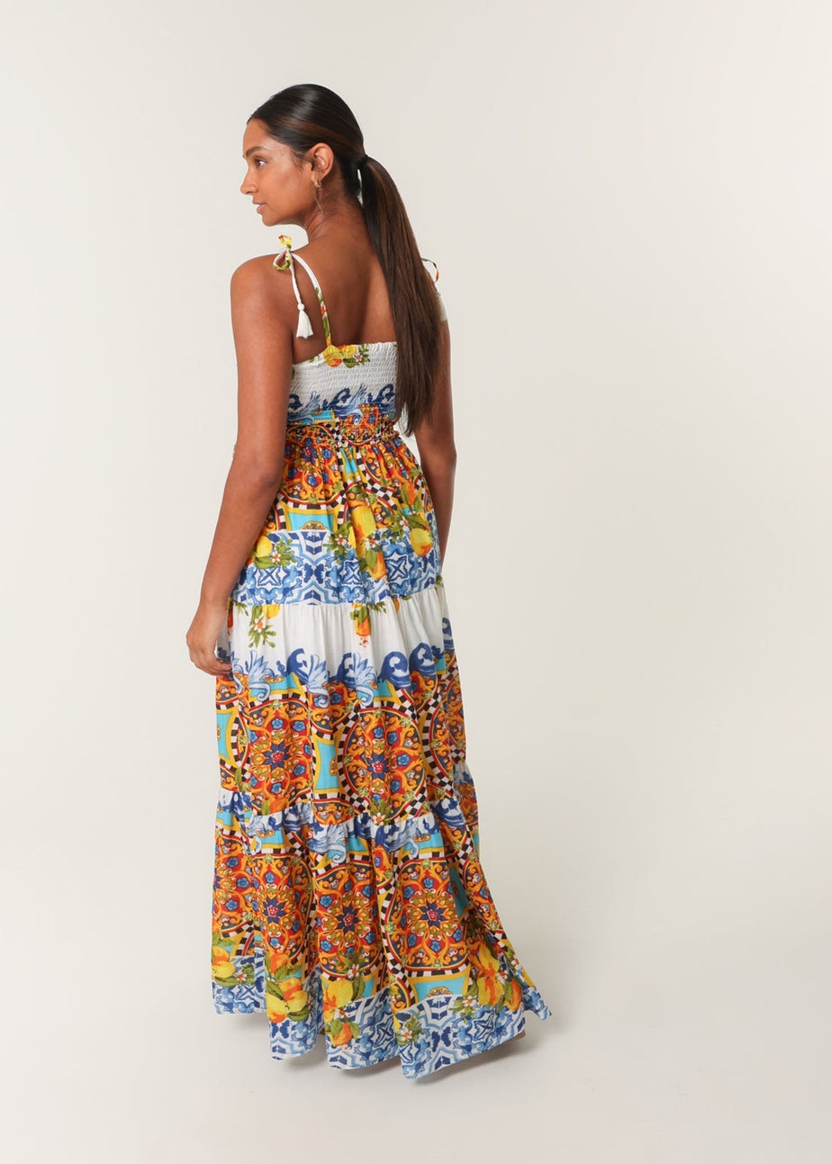 Blue Vanilla Multi Lemon Abstract Print Shirred Maxi Dress