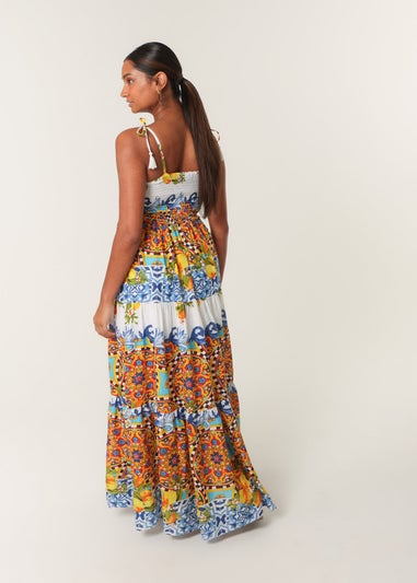 Blue Vanilla Multi Lemon Abstract Print Shirred Maxi Dress