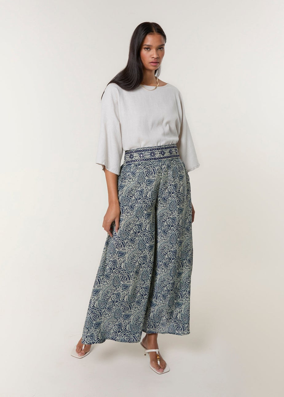 Blue Vanilla Navy Embellished Waist Wide Leg Trousers