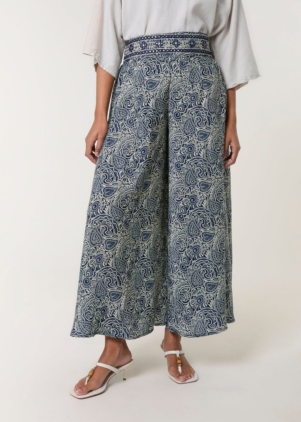 Blue Vanilla Navy Embellished Waist Wide Leg Trousers