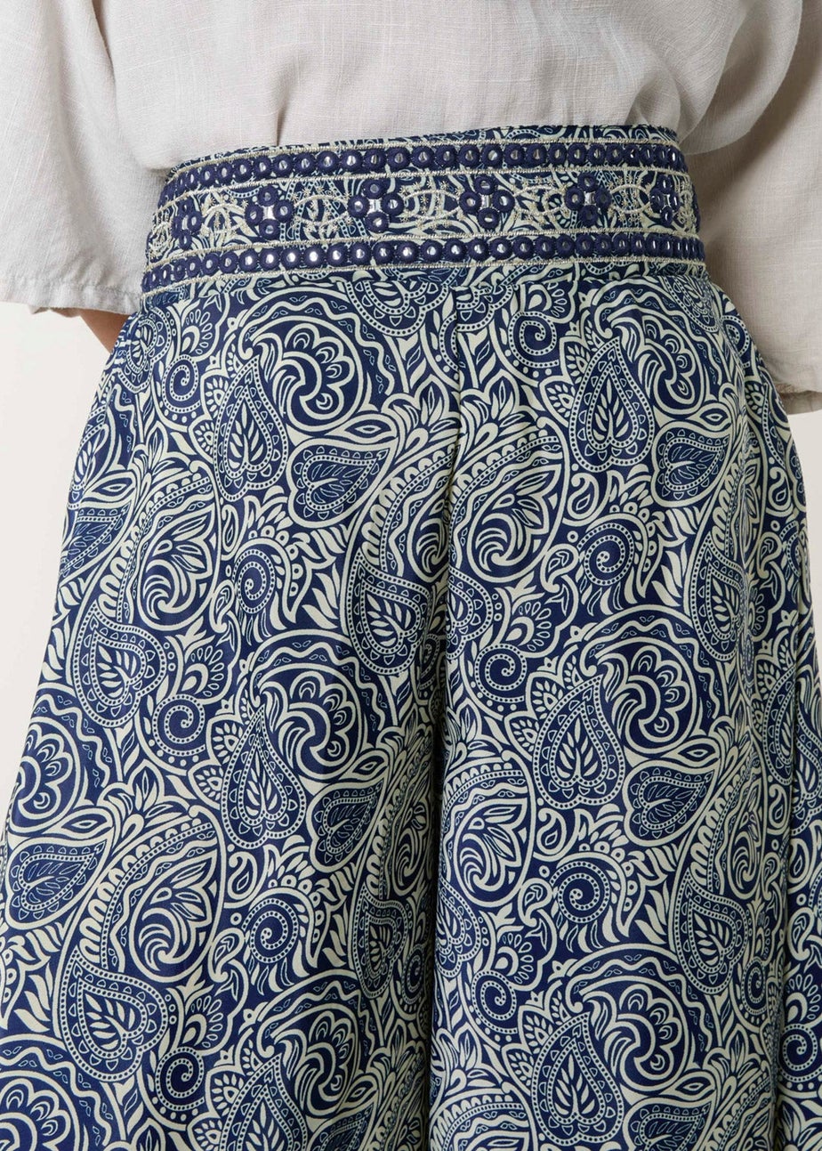 Blue Vanilla Navy Embellished Waist Wide Leg Trousers